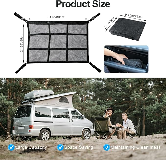 Car Ceiling Cargo Net Pocket, 31"x21" Nine Grid Mesh Nine SUV Roof Organizer Long Trip Storage Bag,Tent Putting Quilt Children's Toy Towel Sundries Interior Accessories