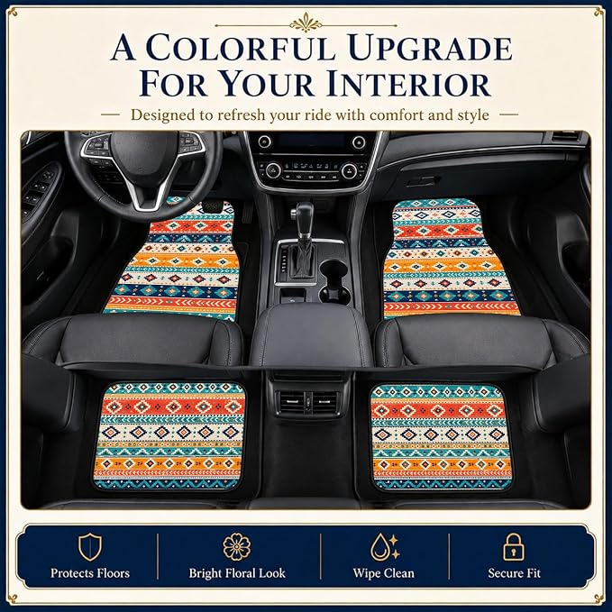 Stripe Car Floor Mats Set of 4 Southwest Tribal Geometric Car Accessories Foot Mats Rugs, Non-Slip,Decor for Universal Fit for Suvs Sedans Trucks Cars Auto Floor Carpets Rugs All-Weather