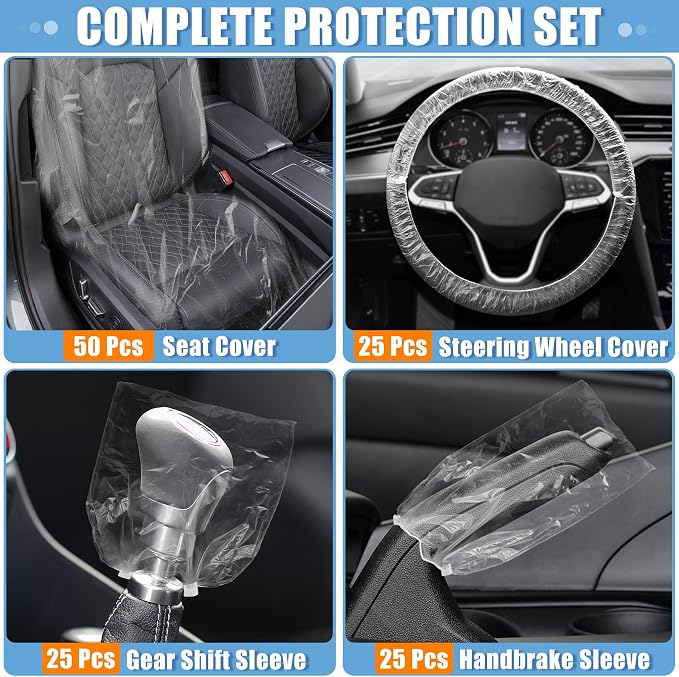 MYFAMIREA 125 PCS Disposable Car Seat Covers Clear Plastic Vehicle Seat Protector Set with Steering Wheel, Gear Shift and Handbrake Covers, Universal for Cars Auto Truck Bus Airplane
