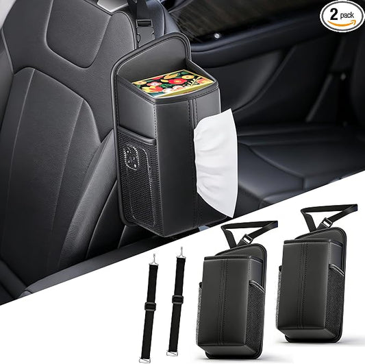 Car Tissue Holder for Front Seat, Headrest Organizer with 2 Side Mesh Pockets for Phones & Cards, Square PU Leather Tissue Box Cover Holds 150 Tissues (2 Pack)