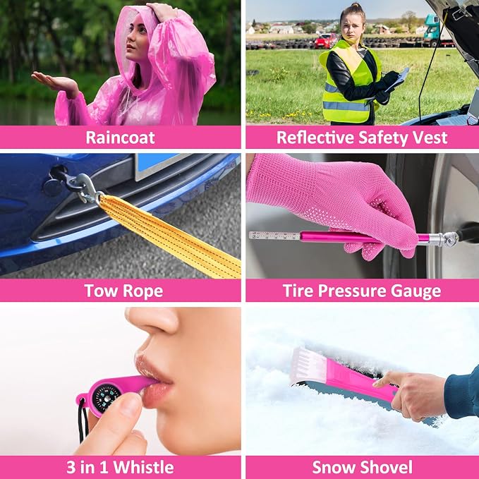 Car Emergency Kit with Portable Air Compressor - Roadside Emergency Kit for Vehicles, Winter Car Safety Roadside Assist Kit, Emergency Car Kit for Teen Girl and Ladies L-77