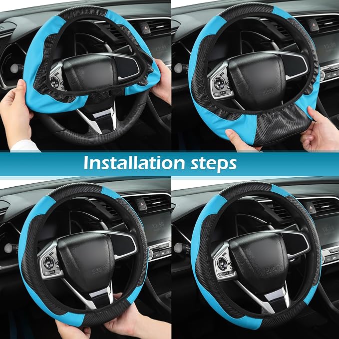 Leather Car Steering Wheel Cover,15 Inch Carbon Fiber PU Elastic Steering Wheel Protector, Anti-Slip Breathable Driving Wheels Covers, Universal Car Interior Accessories (Blue)