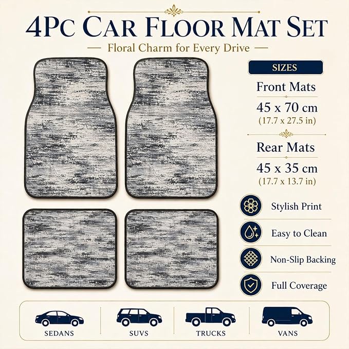 Gray Abstract Car Floor Mats Set of 4 Distressed Modern Texture Car Accessories Foot Mats Rugs, Non-Slip,Decor for Universal Fit for Suvs Sedans Trucks Cars Auto Floor Carpets Rugs All-Weather