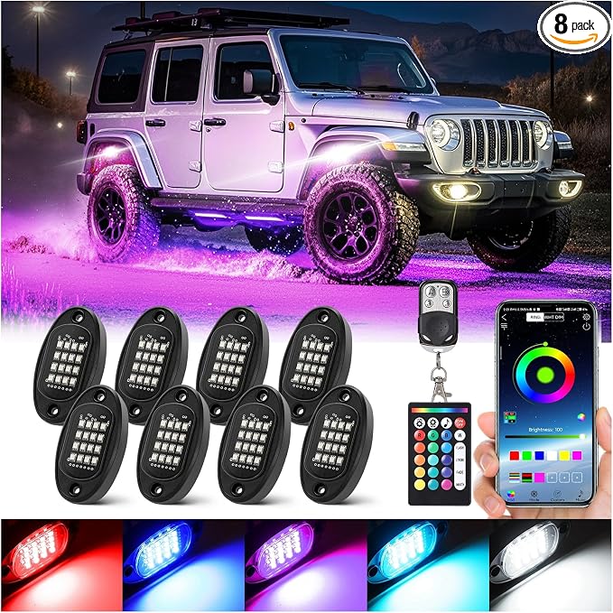 8 Pods RGB LED Rock Lights for Jeeps Trucks Golf Cart Offroad ATV UTV RZR SXS, Waterproof Multicolor Underglow Kit with Dual Zone Brake, Neon Underbody Light with App Remote Control Music Sync 12V