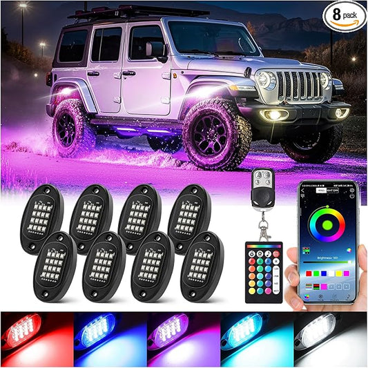 8 Pods RGB LED Rock Lights for Jeeps Trucks Golf Cart Offroad ATV UTV RZR SXS, Waterproof Multicolor Underglow Kit with Dual Zone Brake, Neon Underbody Light with App Remote Control Music Sync 12V
