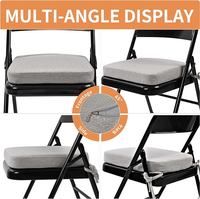 SINOSSO Memory Foam Chair Cushion for Folding Chair 1 Pcs, Thickened 2" Square Kitchen Chair Pad with Ties, Indoor Non-Slip Dining Chair Seat Cushion (1 Piece, Light Grey)