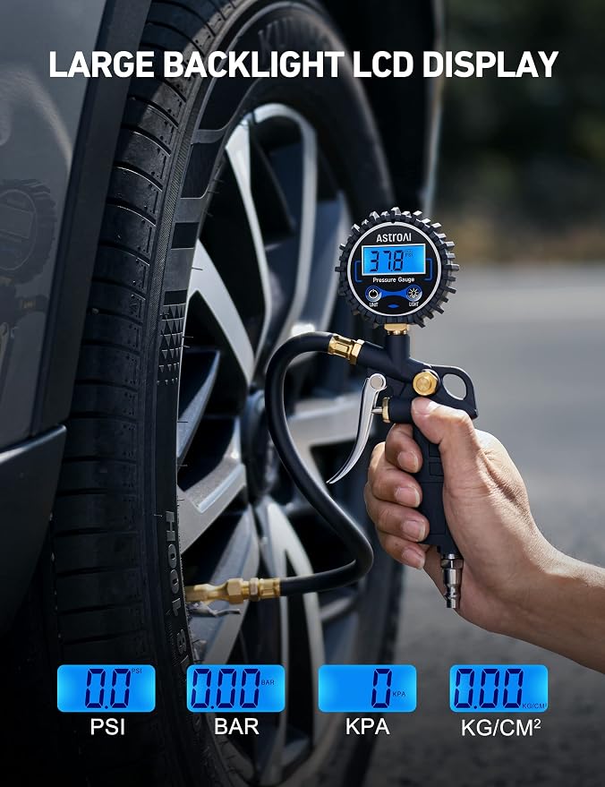AstroAI Digital Tire Pressure Gauge with Inflator, 3-250 PSI Air Chuck & Compressor Accessories Heavy Duty with Quick Connect Coupler, 0.1 Display Resolution, 2Pack Standard