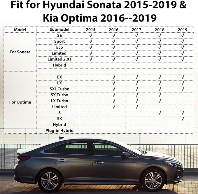 Floor Mats for Hyundai Sonata 2015-2019 & Kia Optima 2016-2019 | Custom Fit All Weather TPE Liners, Waterproof Anti-Slip Car Mats Accessories, Full Set Odorless Easy-Clean Mats & Cargo Liner