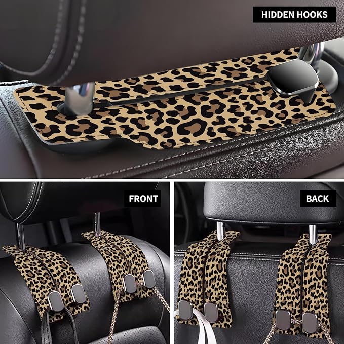 Car Seat Back Storage Headrest Hook, Premium Leather Double Metal Hook, Hanger Storage Organizer for Purse Cloth Bag, Car Interior Accessories Luxury Brown Leopard