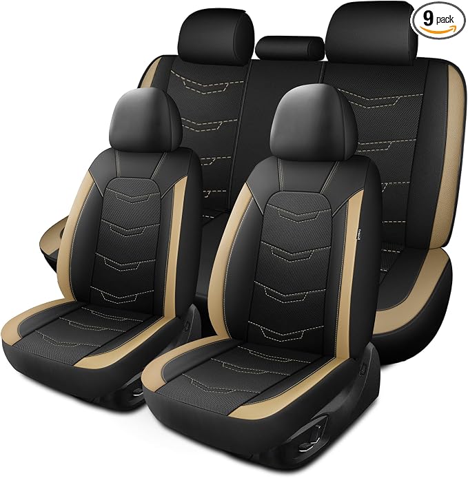 HChengkikz Car Seat Cover, Breathable and Sporty (Black + Beige) | Leather, Universal Fit for Most SUVs, Cars, Sedans, Trucks, Airbag Compatible, Easy to Install