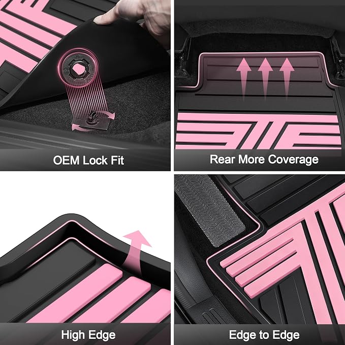 Rubber Floor Mats for Honda CR-V 2026 2025 2024 2023 (Gasoline & Hybrid) | All Weather Custom Fit Heavy Duty Car Mats for CRV, 1st & 2nd Row, Black & Pink