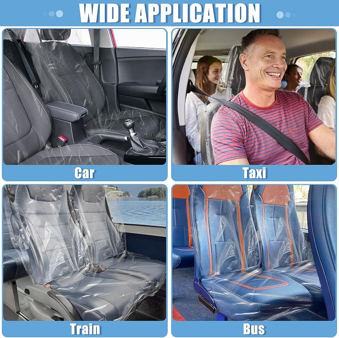 MYFAMIREA 50 PCS Disposable Car Seat Covers Clear Plastic Vehicle Seat Protector, Plastic Seat Covers Protector Universal Water Resistant and Stain Resistant for Cars Auto Truck Bus Airplane