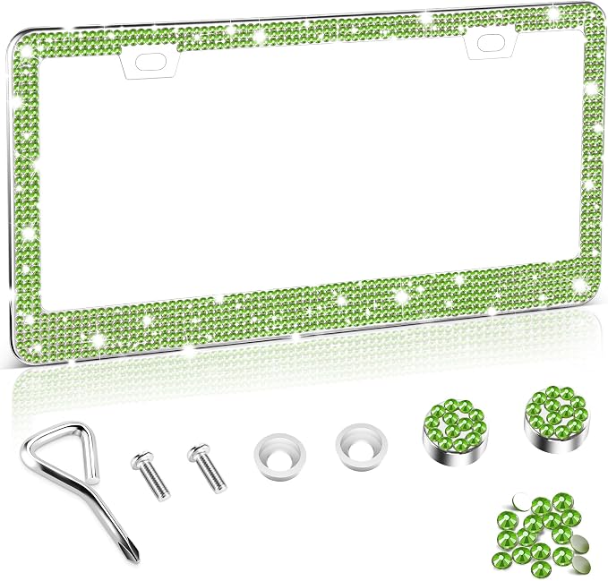 Amiss Bling License Plate Frame for Women, 1Pack Rhinestone Handcrafted Crystal Premium Stainless Steel, Stainless Steel Car Decorative Accessories with Diamond Sparkle Glitter Caps (Green)