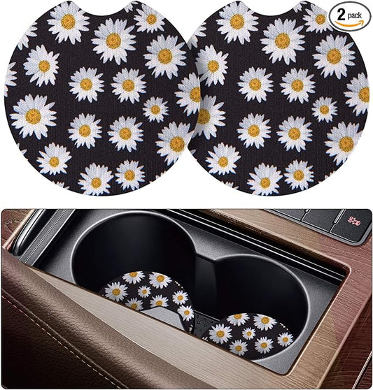 tifanso 2PCS Daisy Non-Slip Car Cup Holder Coasters for Women | Universal Fit for Standard Cup Holders, Easy to Clean & Remove, Adorable Floral Decor, Ideal Gift for Girls & Car Lovers