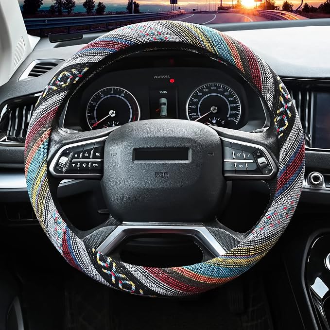 Valleycomfy Boho Steering Wheel Covers for Women Cloth Bohemian Universal | 15 inch Baja Blanket Enthic Grey