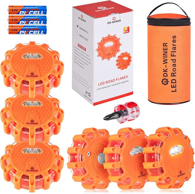 LED Road Flares Roadside Emergency car kit Emergency Road Flares Kit with Magnetic Base for Vehicles & Boat | 9 Flash Modes(with Batteries) (6pack)
