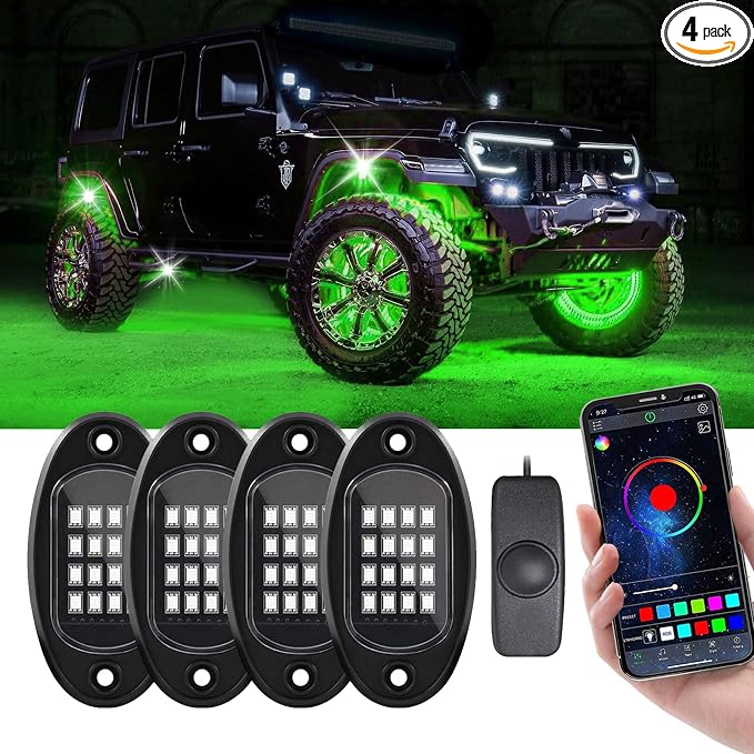 4 Pods Rock Lights for Trucks, RGB APP Control Music Mode Multilcolor Waterproof High Bright LED UTV ATV RZR Underglow kit