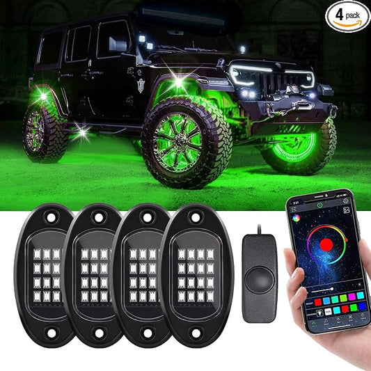 4 Pods Rock Lights for Trucks, RGB APP Control Music Mode Multilcolor Waterproof High Bright LED UTV ATV RZR Underglow kit