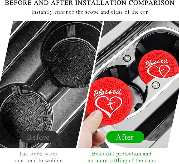 KVAEY 2 PCS Car Cup Holder Coasters, 2.76 Inch Anti Slip Vehicle Drink Mats with Cute Blessed Cross and Heart, Shockproof, Universal Car Accessories (Red, 2 PCS)