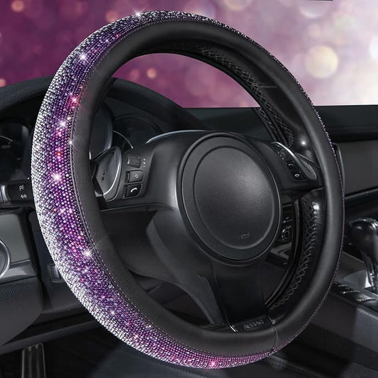 CAR PASS Bling Diamond Leather Steering Wheel Cover, Bling Sparkly Crystal Glitter Rhinestones Universal Fit 14" 1/2-15" Car Wheel Protector for Women Girl Fit Suvs,Vans,Sedans,Trucks, Purple Silver