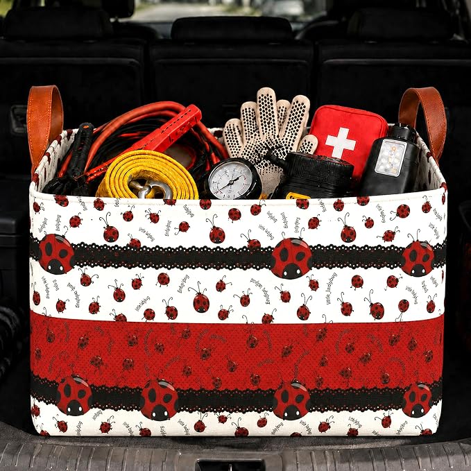 Ladybug Car Trunk Organizer 20L Fold Auto Storage Basket with Handles | Waterproof Reusable Shopping Grocery Bags for SUV Truck, Ladybugs Cars Boot Organizer Gifts for Women Men Drivers