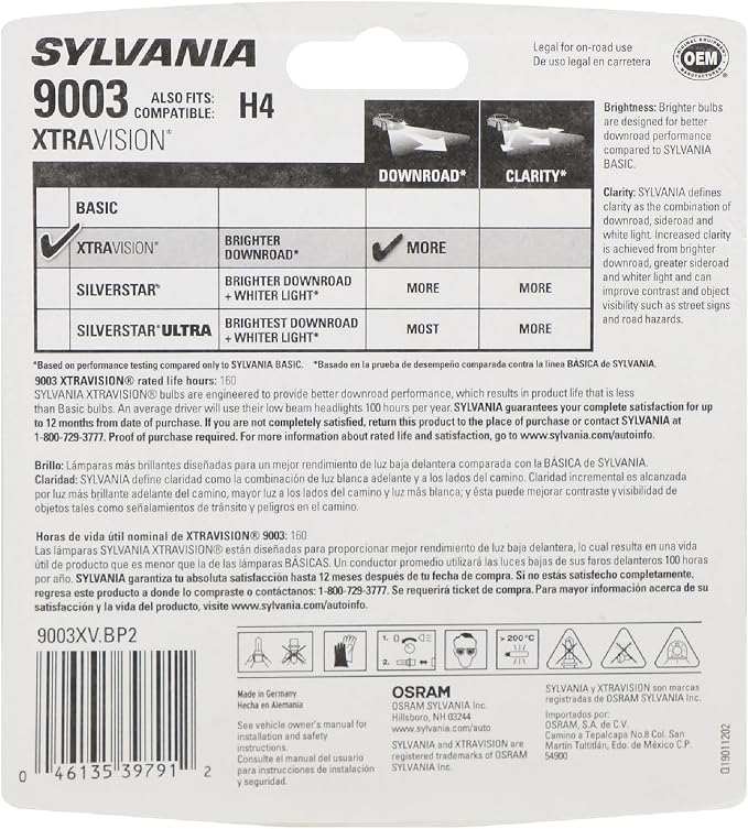 SYLVANIA - 9003 XtraVision - High Performance Halogen Headlight Bulb, High Beam, Low Beam and Fog Replacement Bulb (Contains 2 Bulbs)