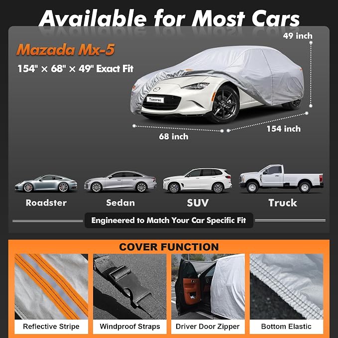 Car Cover Waterproof All-Weather,Outdoor Full Exterior Coupe Covers (Length up to 165 inch) Custom Fit for Mazda Miata MX 5,Honda S2000,BMW Z3,Audi TT,TTS,etc,Size C1(See Size Chart)