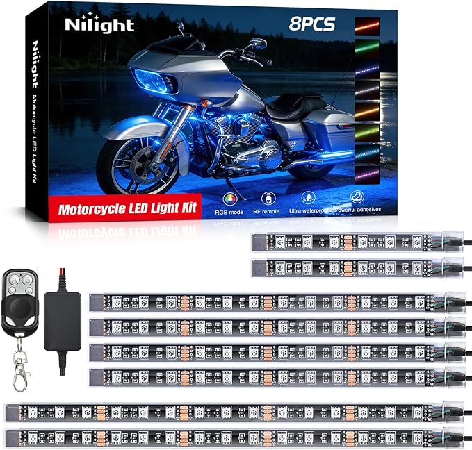 Nilight 8PCS Motorcycle RGB Led Light Kit Waterproof Multi-Color Atmosphere Lights Lamp with 4Key RF Wireless Remote for Harley Davidson Honda Kawasaki Suzuki, 2 Years Warranty (TL-42)