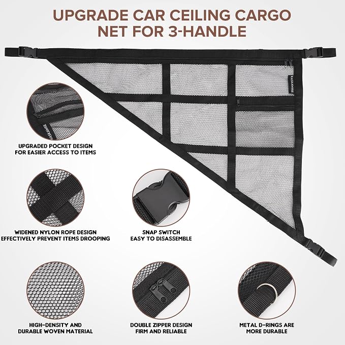 3 Handle Car Ceiling Cargo Net for SUV Roof Storage | Large 35.4" x 23.6" Perfect for road trips, camping, family travel and car organization,No tools required