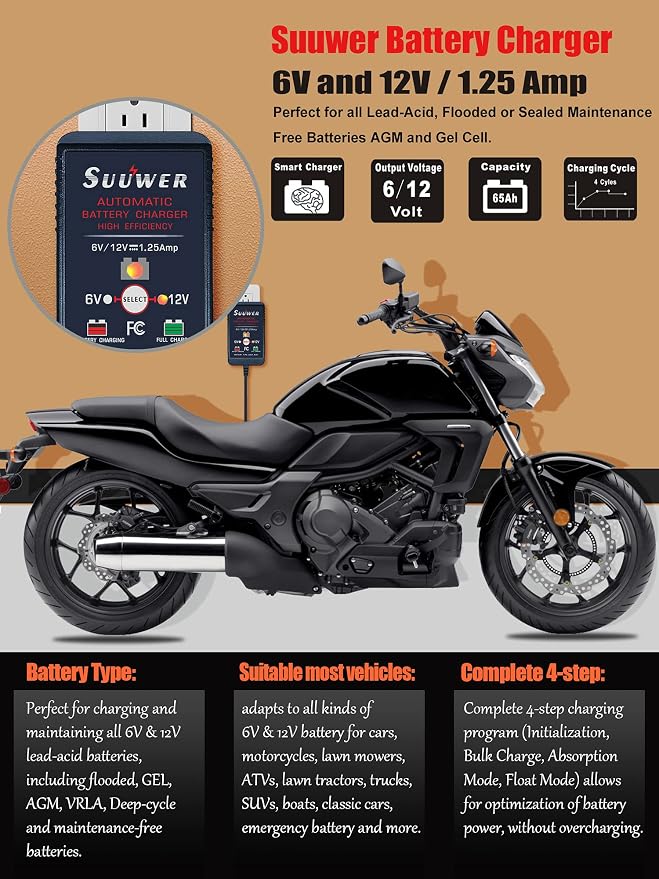 Suuwer Automatic Trickle Battery Charger, 6V&12V 1250mA Battery Maintainer. | for Car Motorcycle ATV Boat, With 12FT DC Cable