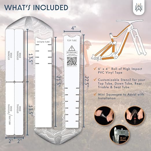 Bike Frame Protection Tape- High Impact Clear Vinyl Wrap Includes Tool (4”x72) Bicycle Frame Protector, Mountain Bike Frame Guard Chainstay Protector (White Topo)