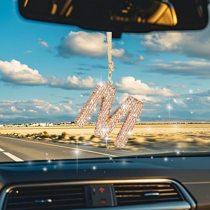 Bling Car Accessories for Women Letter Charm, Rainbow Crystal Rearview Mirror Pendant, Cute Diamond Rhinestone Car Decor, Lucky Gift for Women(M, Champagne Gold)