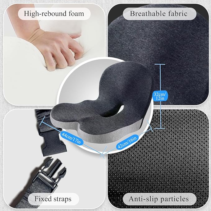Car Seat Cushion, Memory Foam Driving Cushion with Adjustable Strap, Ergonomic Pad for Car & Semi Truck, Office Chair Cushion for Sciatica & Lower Back Pain Relief, Light Gray & Dark Gray