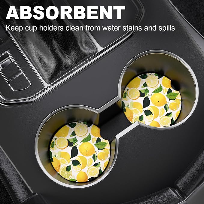 2 Pack Car Cup Holder Coaster, 2.63 inch Anti Slip Insert Absorbent Ceramic Car Coaster with Cork Base and Finger Notch, Cute Car Accessories Interior for Women, Cute Car Coasters.