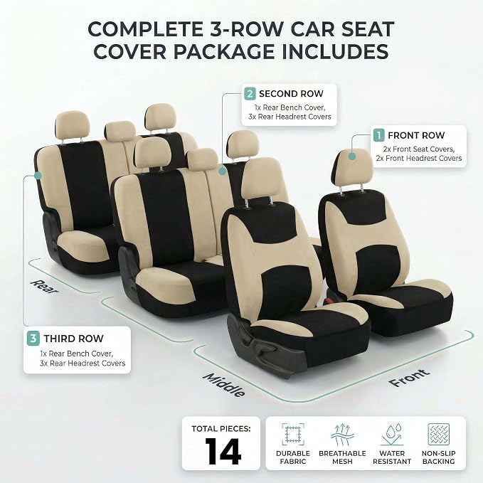 FH Group Automotive Seat Covers Light & Breezy Flat Cloth Seat Cover Three Row Set Beige, Airbag and Split Rear Car Seat Cover Universal Fit Interior Accessories Cars Trucks SUV Car Accessories