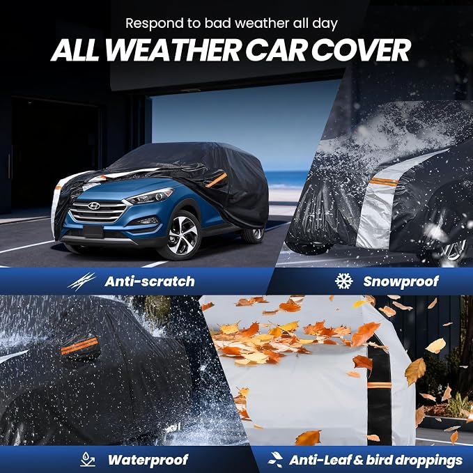 Multi-Layer Car Cover Custom Fit for Hyundai Tucson (ix35)(2015-2026), 100% Waterproof All Weather for Automobiles, Gift with Towel, Heavy Duty Car Covers for Rain Sun UV Protection with Door Zipper