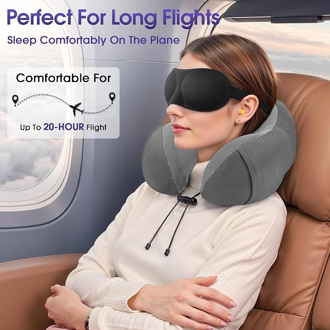 CloudBliss Travel Pillows for Airplane, Memory Foam Neck Pillows for Travel, Compact Neck Pillow for Long Flight, Car & Office, Plane Accessories with Eye Mask, Earplugs, Carry Bag, Black & Dark Grey