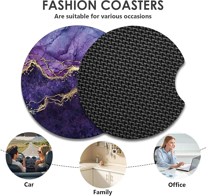 2 Pack Car Coasters，2.75-inch Neoprene Non-Slip Cup Holder Coasters for Car，Cute Car Interior Accessories for Men and Women，Purple Marble