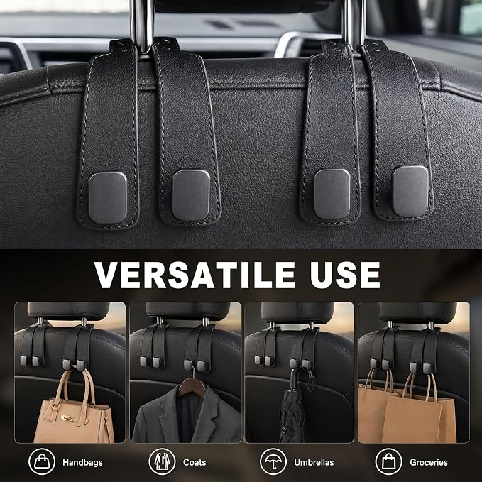 Headrest Hooks for Car 2 Pack, Upgraded Double Metal Hooks with Leather Cover, Car Seat Back Storage Organizer with Anti-Drop Design, for Purses, Handbags, Coats, Groceries (style1)
