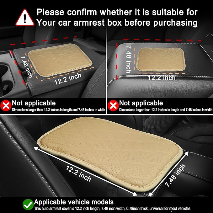 Amiss Car Center Console Cover, Leather Car Armrest Cushion, Universal Waterproof Cushion Pad, Non-Slip Car Interior Accessories, Fits Most Sedans SUVs Trucks (Light Beige)