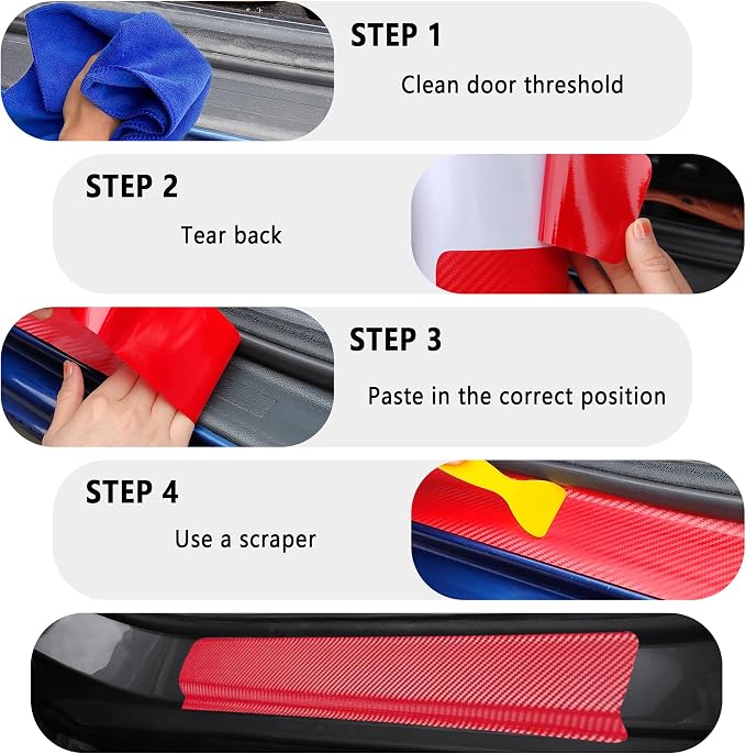 4PCS Car Door Sill Protector with Scraper,Carbon Fiber Car Door Protector Edge Guards for Front Rear Door Sills,Universal Anti-Scratch Car Door Threshold Strips (4D Black)