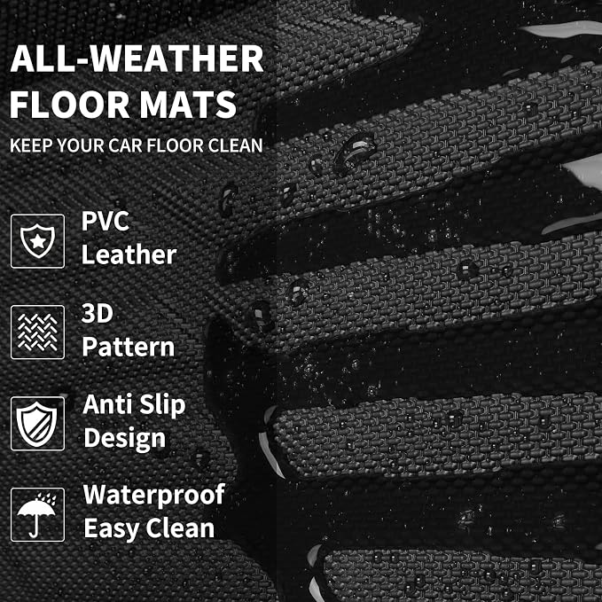CAR PASS PVC Deep Dish Car Mats Full Set, Waterproof All Weather Luxury Faux Leather Car Floor Mats 4 Piece, Anti-Slip Universal Fit for Sedans Suvs Vans MiniTrucks,Durable & Easy Clean, All Black