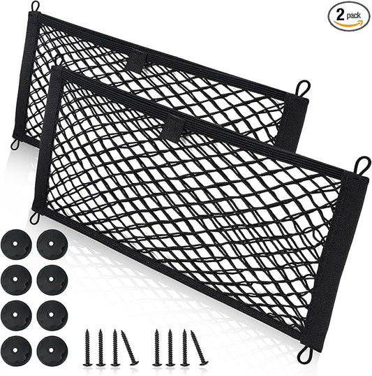 Small Cargo Net for Car Trunk Storage,2 Pack Elastic Mesh Net Pocket Organizer Pouch Bag,Stretchable Automotive Cargo Nets with 8 Pieces Mounting Screws and Hooks for RV,SUV,Boats,Home