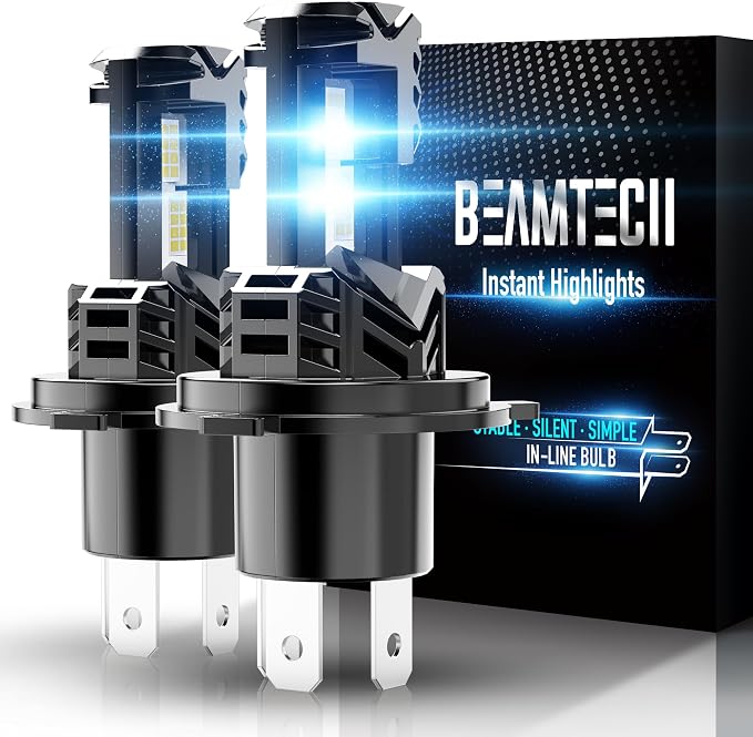 BEAMTECH H4 Bulb, Fanless In Line 9003 Light, 6500K Xenon White, Pack of 2 | H4 Light Bulb, 1:1 Size, Hi/Lo Beam, For Motorcycle, UTV, ATV, Offroad or Fog