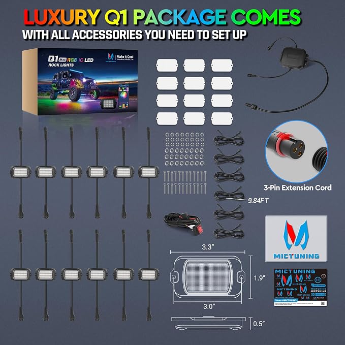 MICTUNING Q1 MAX RGB+IC Chasing Color Ultra-Bright Rock Lights 12 Pods Kits | 1000% Brighter 24 Light Chips Per Pod, Switch Wiring Kit, Aluminum Housing, IP68 Waterproof, Series/Parallel, Up to 24 Pods