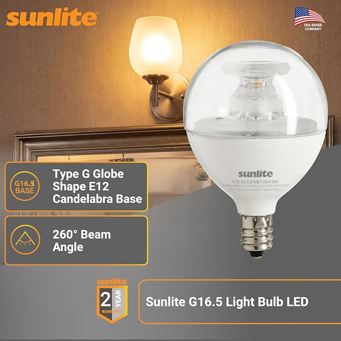 Sunlite G16.5 Light Bulb LED, 5 Watts (40W Equiv.), 350 Lumens, Dimmable, Type G Globe Shape E12 Candelabra Base, Short Bulbs, Vanity Mirror Bulbs, 3000K Warm White, Clear, 6 Count