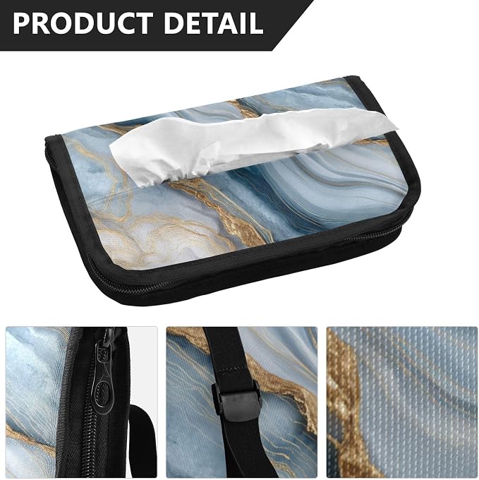 Marble Blue and Gold Lines Car Tissue Holder Durable Napkin Holder Hanging Tissue Holders Case Car Tissues Bag for Sun Visor Seat Back Universal Auto