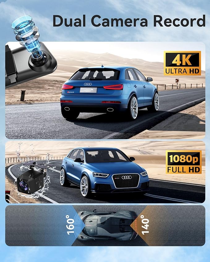 2026 Ultrawide 13’’ 4K Rear View Mirror Camera with Carplay&Android Auto, 5.8GHz WiFi Smart Rearview Mirror with Voice Control/Split Screen, 64GB Card Included,Reverse Assist/Loop Record/G-Sensor