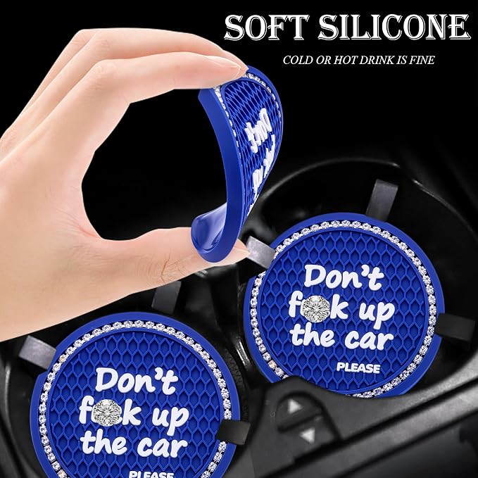 2PCS Bling Crystal Rhinestone Cup Holder Coaster – 2.75 Inch Anti-Slip Auto Insert Cup Coaster – Sparkling Interior Decor Accessories for Cars & Vehicles (Blue & White)