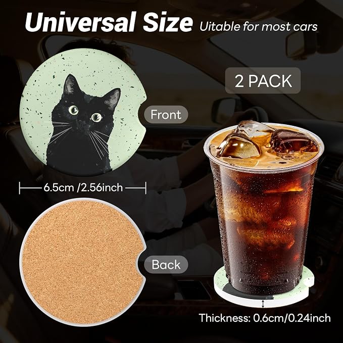 Car Cup Holder Ceramic Coasters 2 Pack, 2.56 in Anti Slip Absorbent Coaster with Cork Base and Finger Notch, Funny Cute Car Accessories Interior for Women, Terrazzo Cat